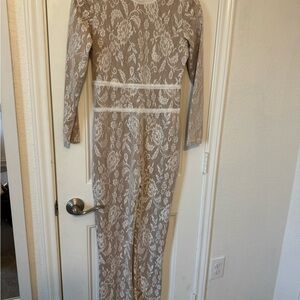 Elegant Lace Jumpsuit in Beige and White